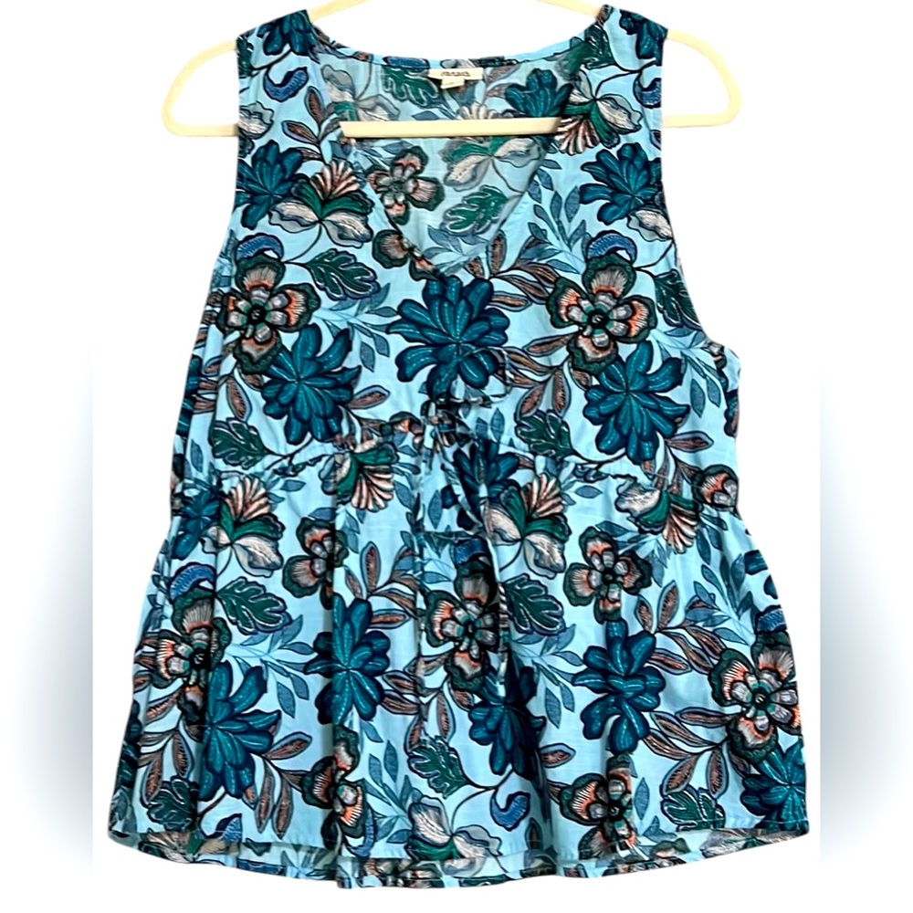 A.N.A Turquoise/Blue/Coral Floral Blend Sleeveless Babydoll Top, Large, EUC.